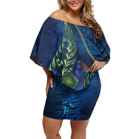 New Zealand Takahe Personalised Family Matching Off Shoulder Short Dress and Hawaiian Shirt Silver Fern Galaxy Polynesian Pattern