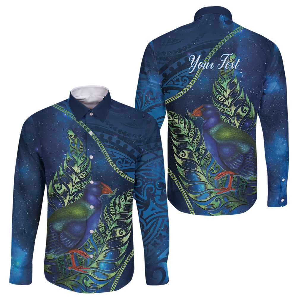 New Zealand Takahe Personalised Family Matching Summer Maxi Dress and Hawaiian Shirt Silver Fern Galaxy Polynesian Pattern LT22 Dad's Shirt - Long Sleeve Blue - Polynesian Pride