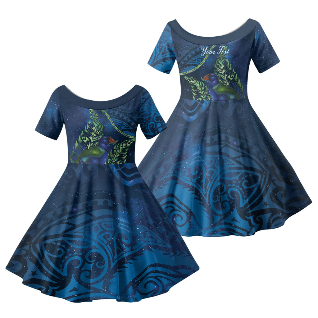 New Zealand Takahe Personalised Family Matching Summer Maxi Dress and Hawaiian Shirt Silver Fern Galaxy Polynesian Pattern LT22 Daughter's Dress Blue - Polynesian Pride