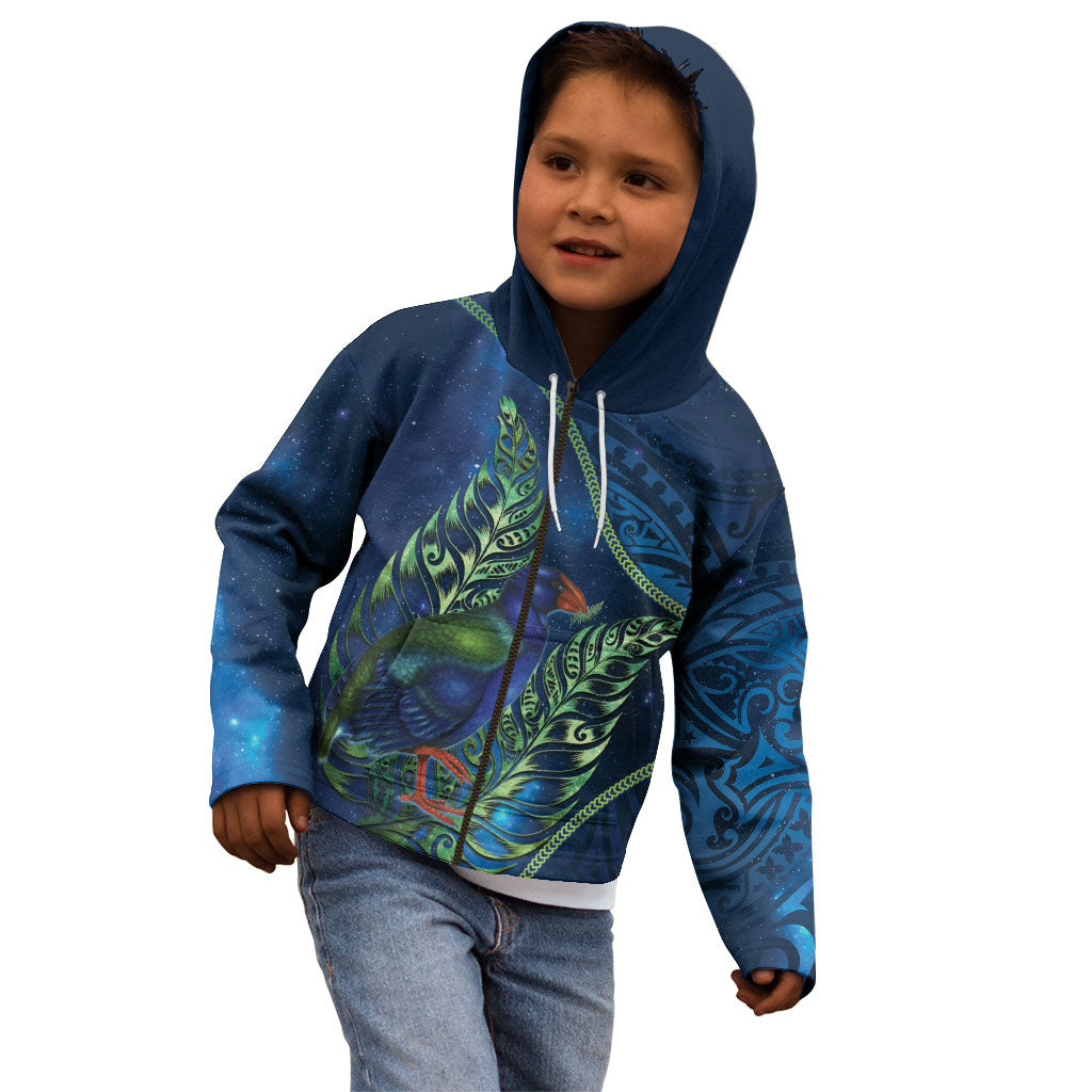 New Zealand Takahe Personalised Kid Hoodie Silver Fern Galaxy Polynesian Pattern