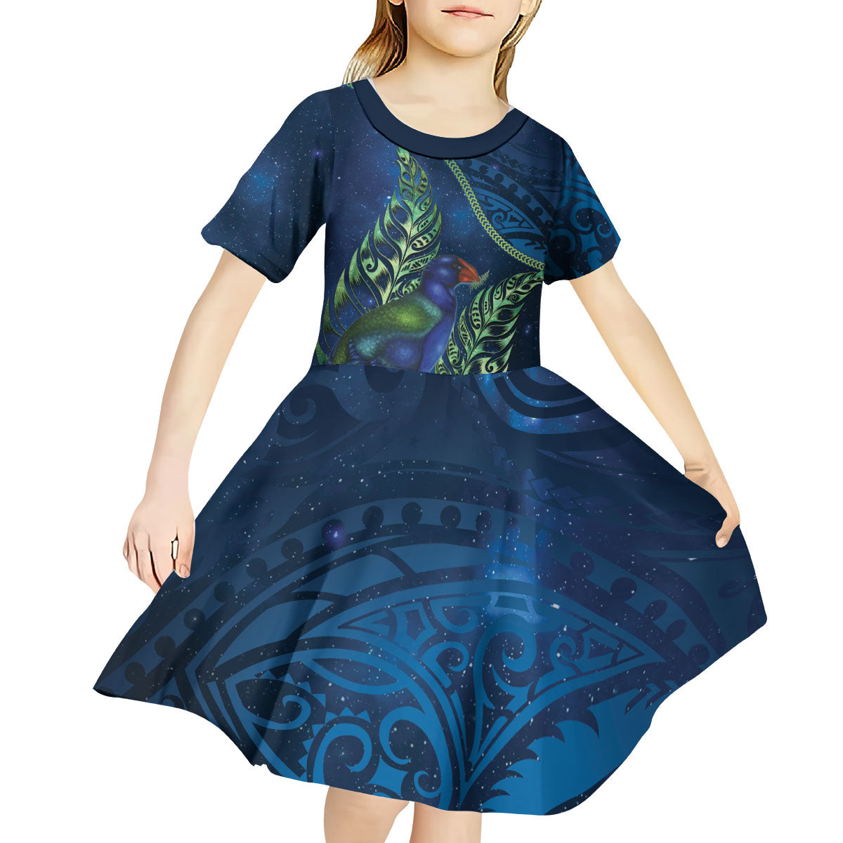 New Zealand Takahe Personalised Kid Short Sleeve Dress Silver Fern Galaxy Polynesian Pattern