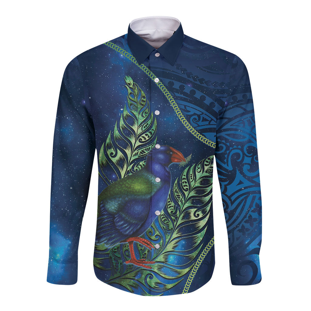 New Zealand Takahe Personalised Long Sleeve Button Shirt Silver Fern Galaxy Polynesian Pattern LT22 Unisex Blue - Polynesian Pride