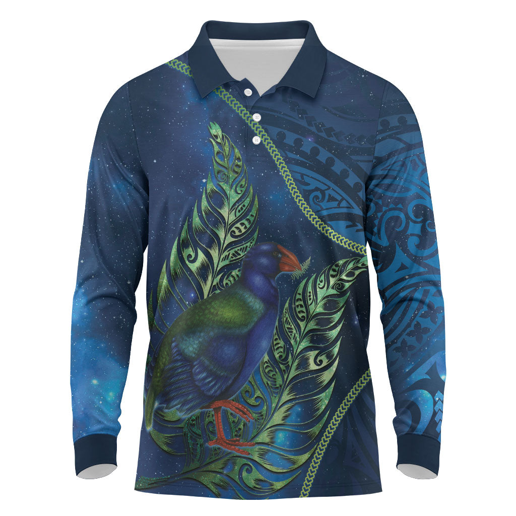 New Zealand Takahe Personalised Long Sleeve Polo Shirt Silver Fern Galaxy Polynesian Pattern LT22 Blue - Polynesian Pride