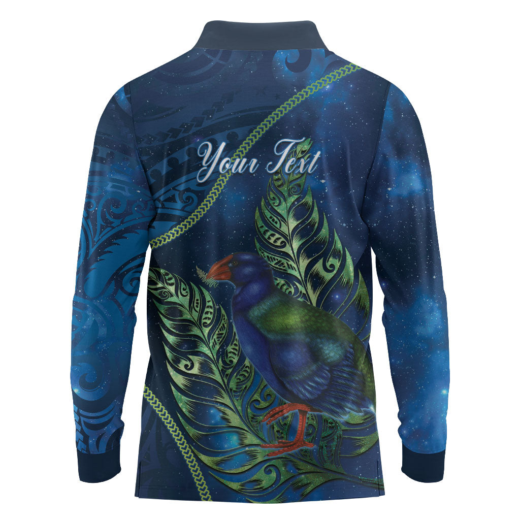 New Zealand Takahe Personalised Long Sleeve Polo Shirt Silver Fern Galaxy Polynesian Pattern LT22 - Polynesian Pride