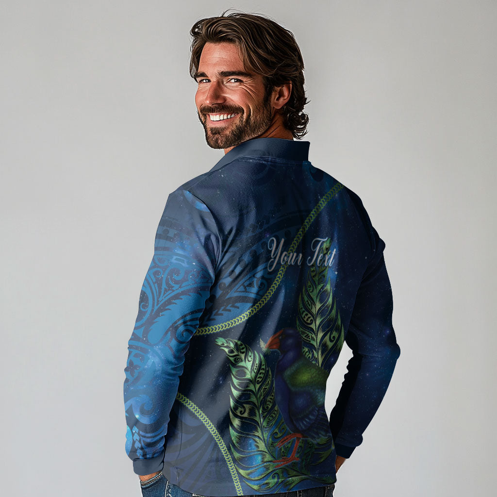 New Zealand Takahe Personalised Long Sleeve Polo Shirt Silver Fern Galaxy Polynesian Pattern LT22 - Polynesian Pride