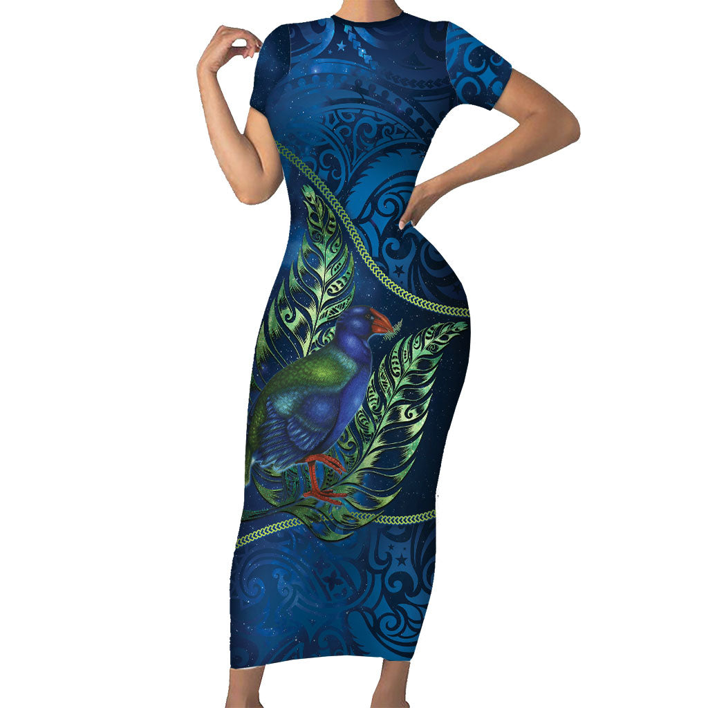New Zealand Takahe Personalised Short Sleeve Bodycon Dress Silver Fern Galaxy Polynesian Pattern LT22 Long Dress Blue - Polynesian Pride