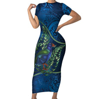 New Zealand Takahe Personalised Short Sleeve Bodycon Dress Silver Fern Galaxy Polynesian Pattern LT22 Long Dress Blue - Polynesian Pride