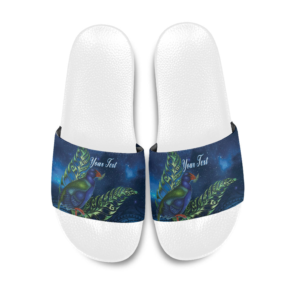 New Zealand Takahe Personalised Slide Sandals Silver Fern Galaxy Polynesian Pattern