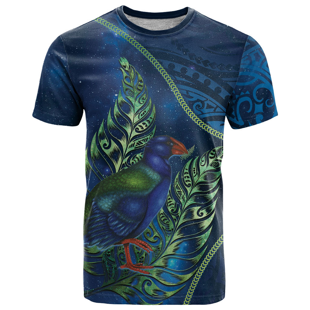 New Zealand Takahe Personalised T Shirt Silver Fern Galaxy Polynesian Pattern LT22 Blue - Polynesian Pride