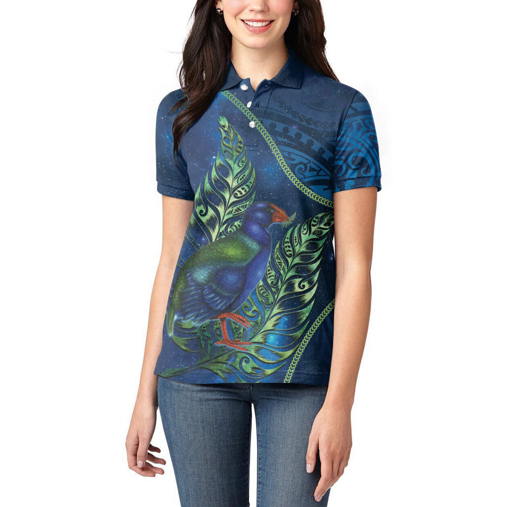 New Zealand Takahe Personalised Women Polo Shirt Silver Fern Galaxy Polynesian Pattern LT22 - Polynesian Pride