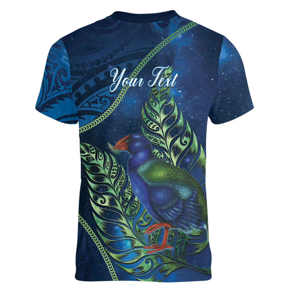 New Zealand Takahe Personalised Women V-Neck T-Shirt Silver Fern Galaxy Polynesian Pattern