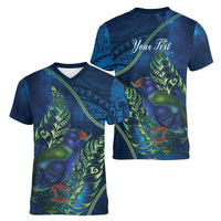 New Zealand Takahe Personalised Women V-Neck T-Shirt Silver Fern Galaxy Polynesian Pattern