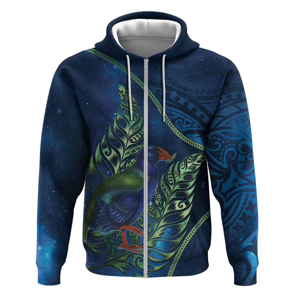 New Zealand Takahe Personalised Zip Hoodie Silver Fern Galaxy Polynesian Pattern LT22 Zip Hoodie Blue - Polynesian Pride