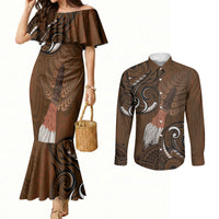 New Zealand Taiaha Couples Matching Mermaid Dress and Long Sleeve Button Shirt Maori Weapon Silver Fern Maori Pattern