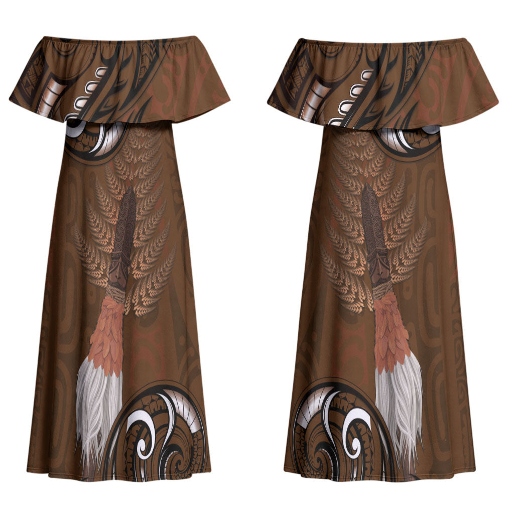 New Zealand Taiaha Couples Matching Off Shoulder Maxi Dress and Long Sleeve Button Shirt Maori Weapon Silver Fern Maori Pattern