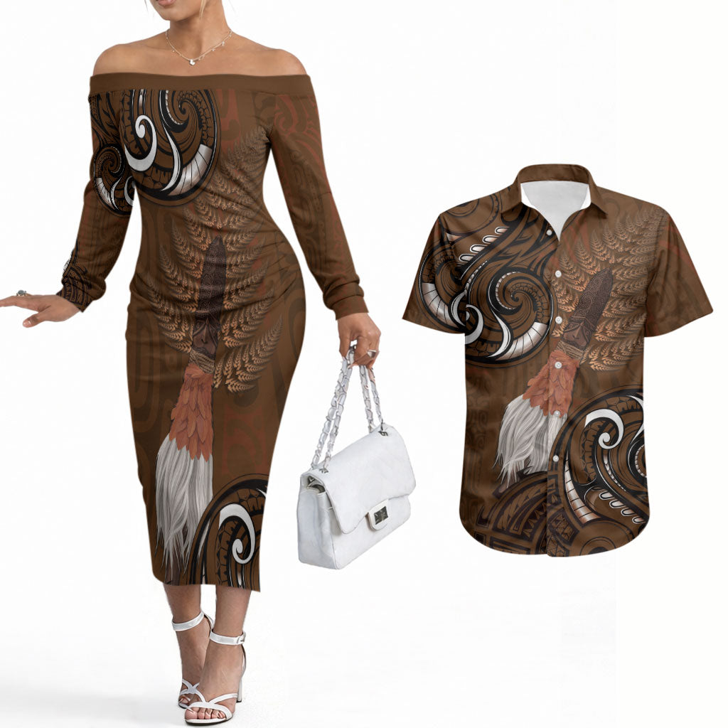 New Zealand Taiaha Couples Matching Off The Shoulder Long Sleeve Dress and Hawaiian Shirt Maori Weapon Silver Fern Maori Pattern