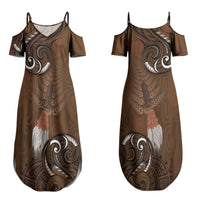 New Zealand Taiaha Couples Matching Summer Maxi Dress and Long Sleeve Button Shirt Maori Weapon Silver Fern Maori Pattern
