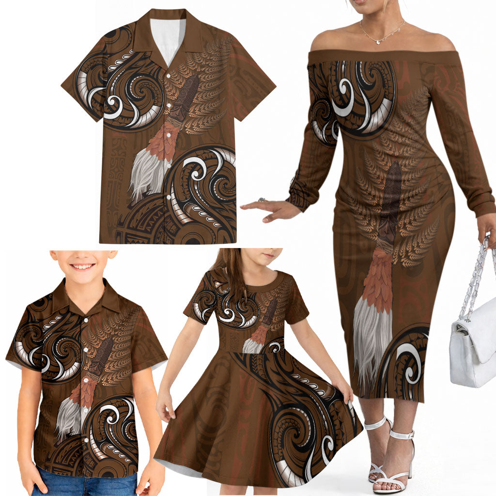 New Zealand Taiaha Family Matching Off The Shoulder Long Sleeve Dress and Hawaiian Shirt Maori Weapon Silver Fern Maori Pattern
