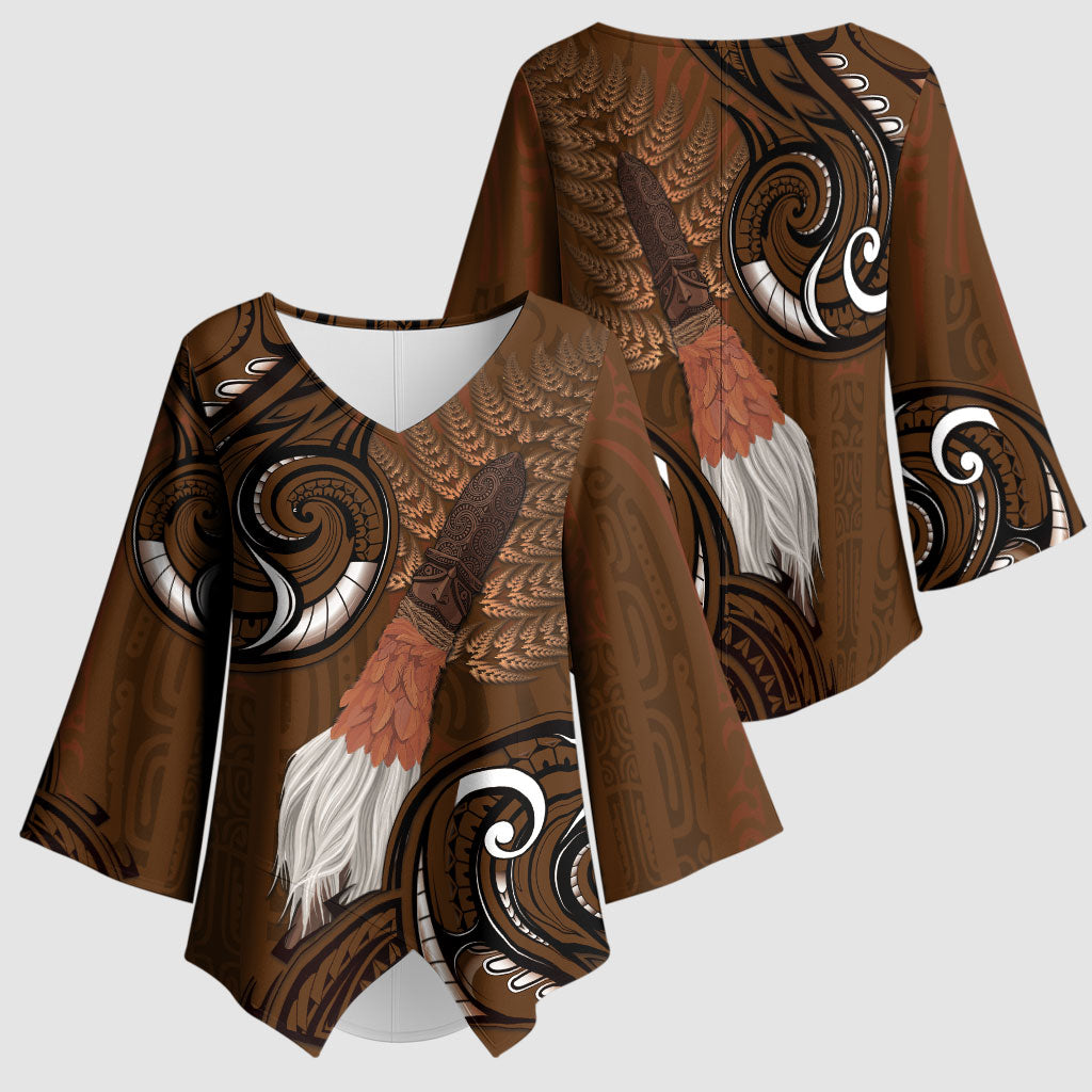New Zealand Taiaha Kimono Sleeve Blouse Maori Weapon Silver Fern Maori Pattern