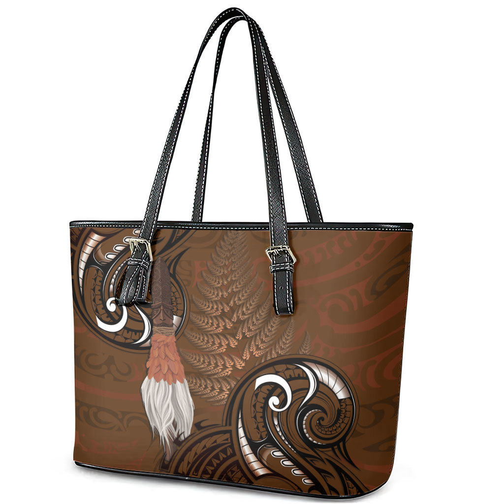 New Zealand Taiaha Leather Tote Bag Maori Weapon Silver Fern Maori Pattern