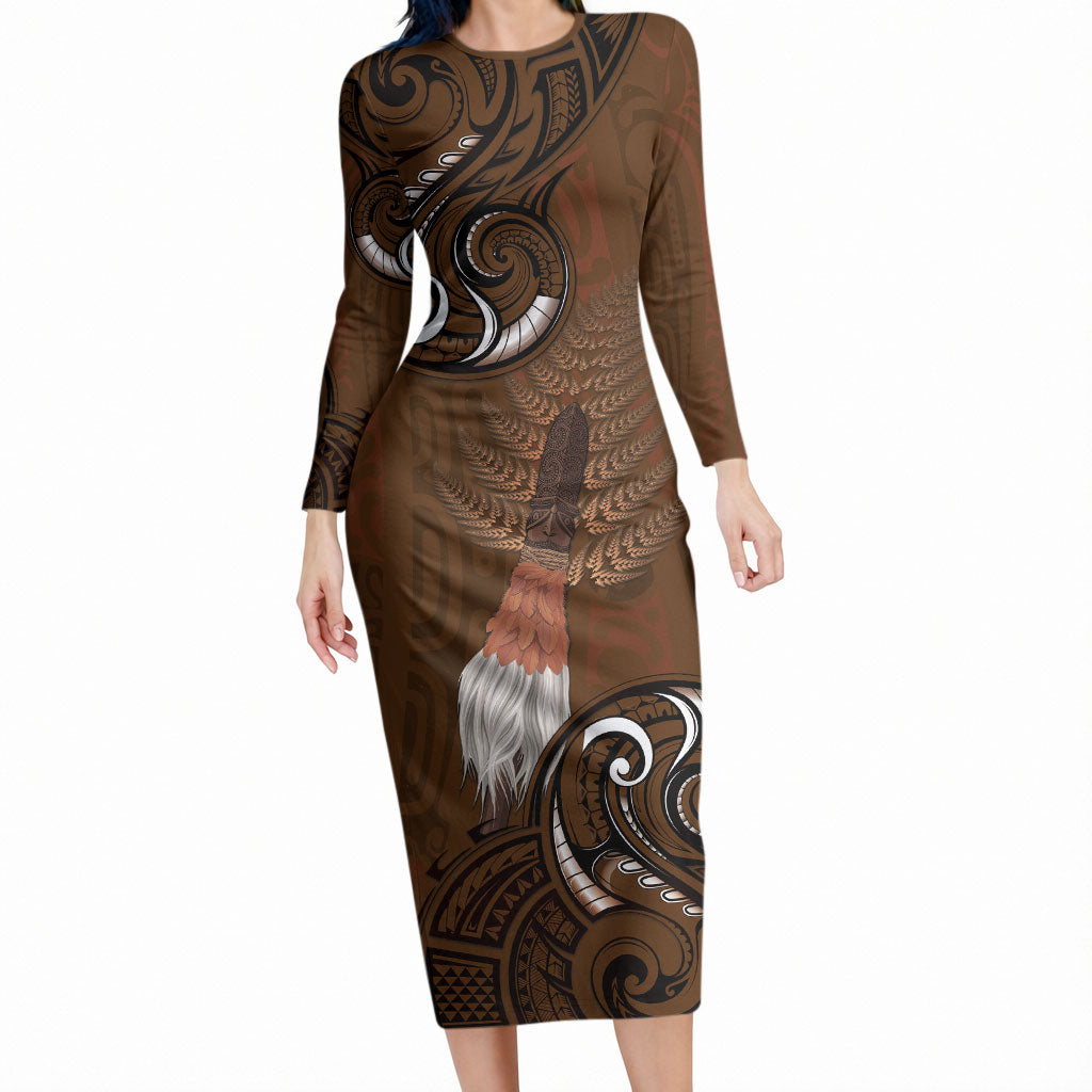 New Zealand Taiaha Long Sleeve Bodycon Dress Maori Weapon Silver Fern Maori Pattern LT22 Long Dress Brown - Polynesian Pride