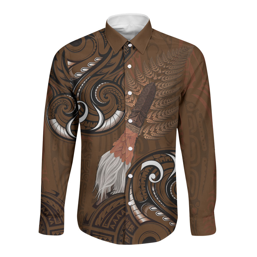 New Zealand Taiaha Long Sleeve Button Shirt Maori Weapon Silver Fern Maori Pattern