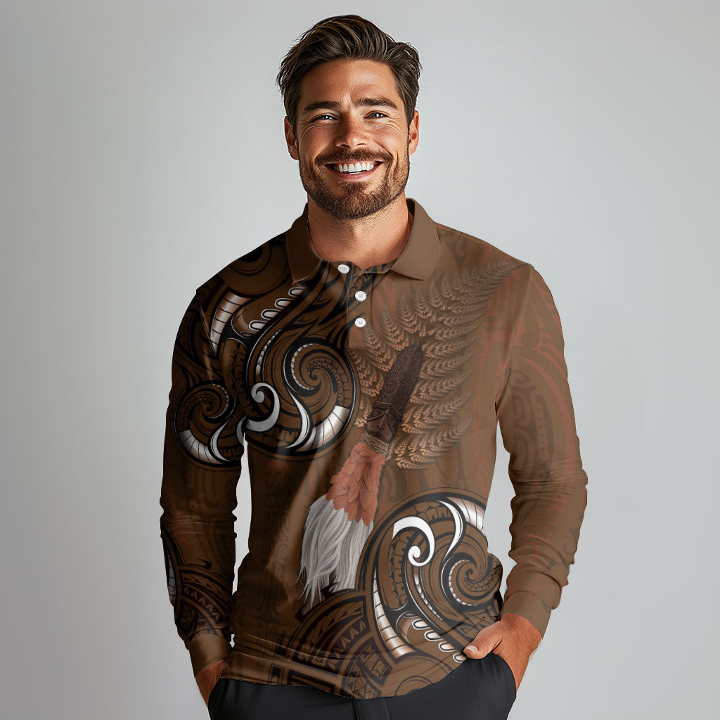New Zealand Taiaha Long Sleeve Polo Shirt Maori Weapon Silver Fern Maori Pattern