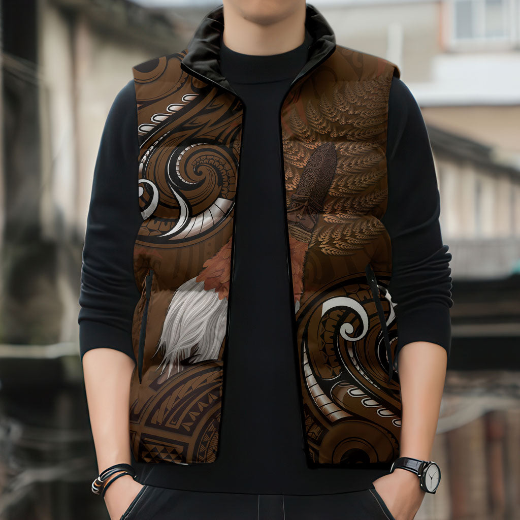 New Zealand Taiaha Sleeveless Puffer Jacket Maori Weapon Silver Fern Maori Pattern