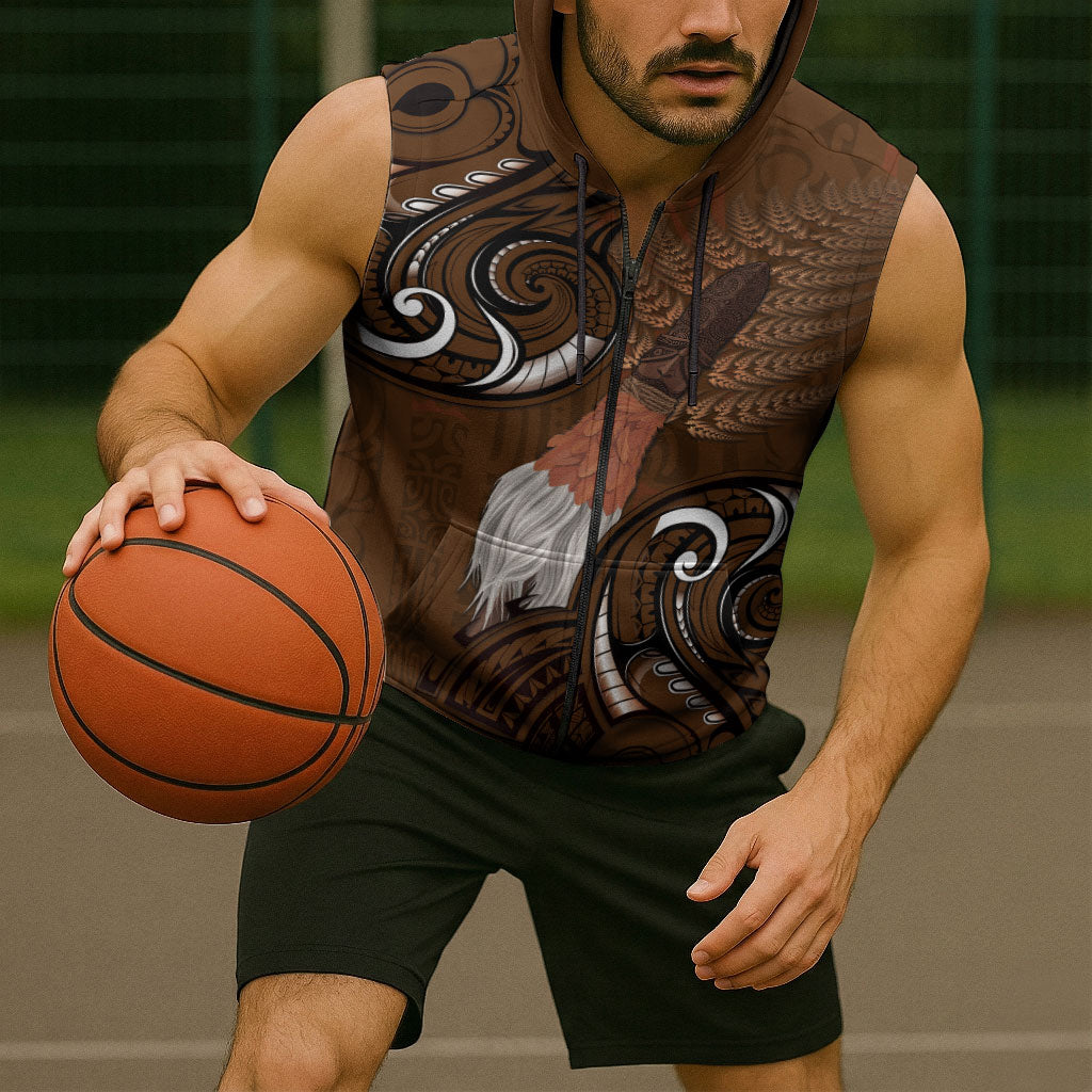 New Zealand Taiaha Sleeveless Zip Hoodie Maori Weapon Silver Fern Maori Pattern