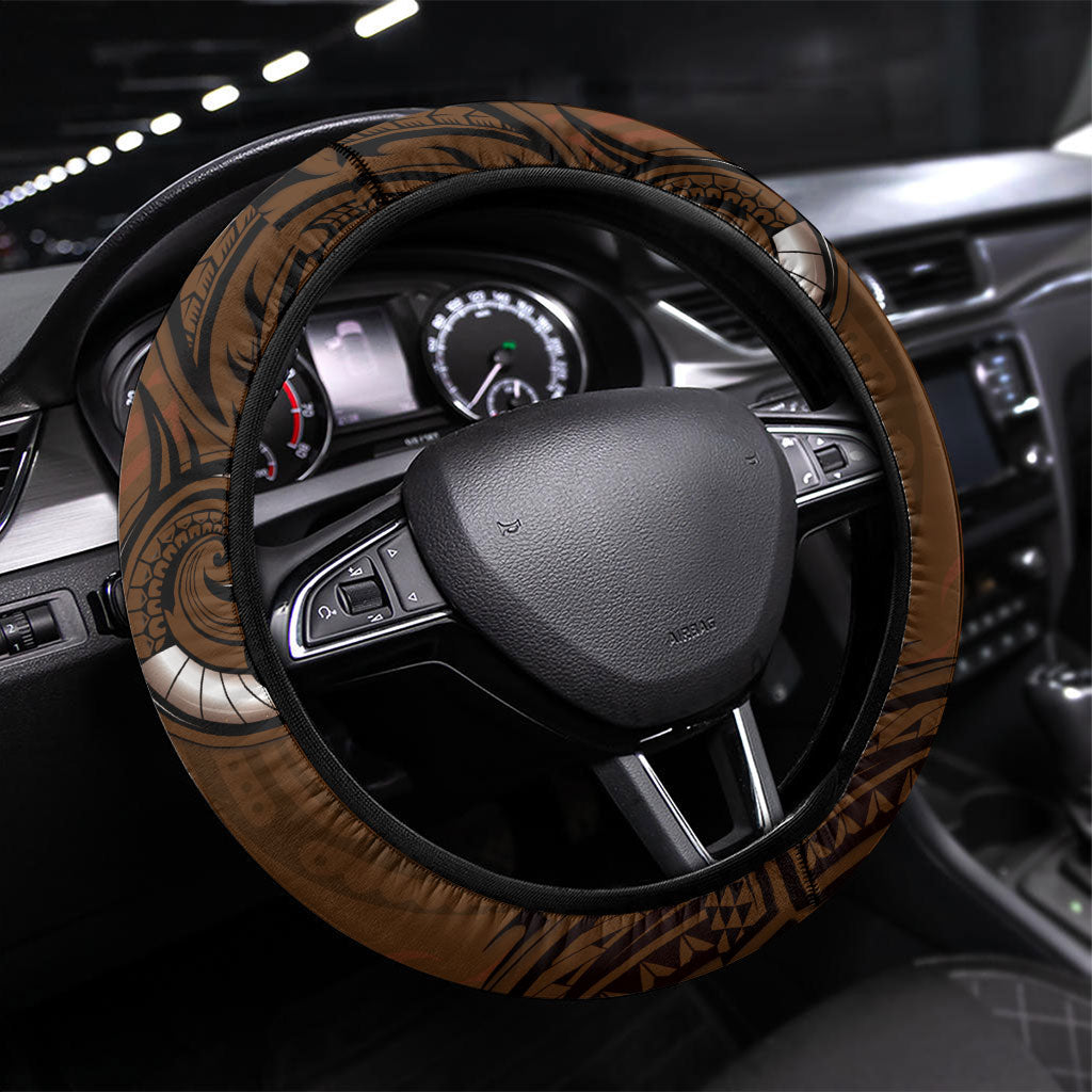 New Zealand Taiaha Steering Wheel Cover Maori Weapon Silver Fern Maori Pattern LT22 Universal Fit Brown - Polynesian Pride