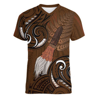 New Zealand Taiaha Women V-Neck T-Shirt Maori Weapon Silver Fern Maori Pattern