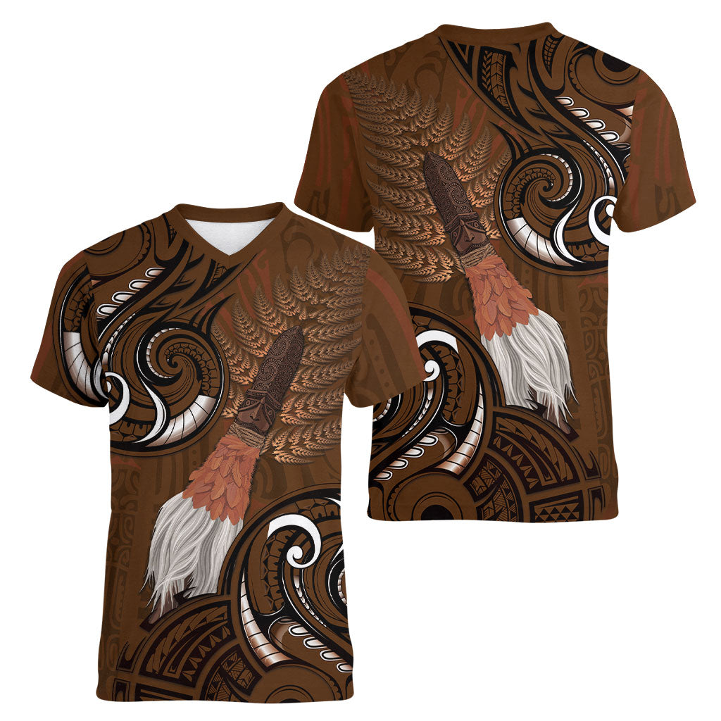 New Zealand Taiaha Women V-Neck T-Shirt Maori Weapon Silver Fern Maori Pattern
