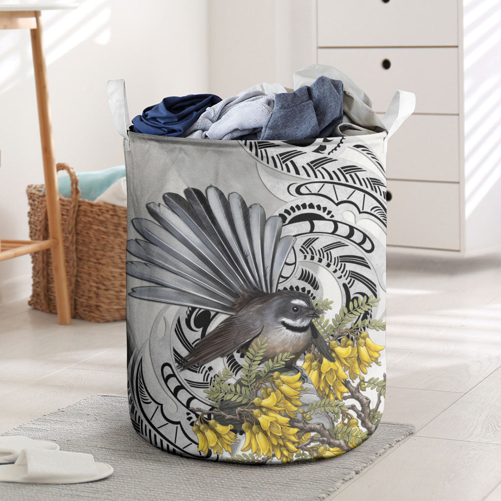 New Zealand Fantail Bird Laundry Basket Maori Piwakawaka Kowhai Maori Pattern