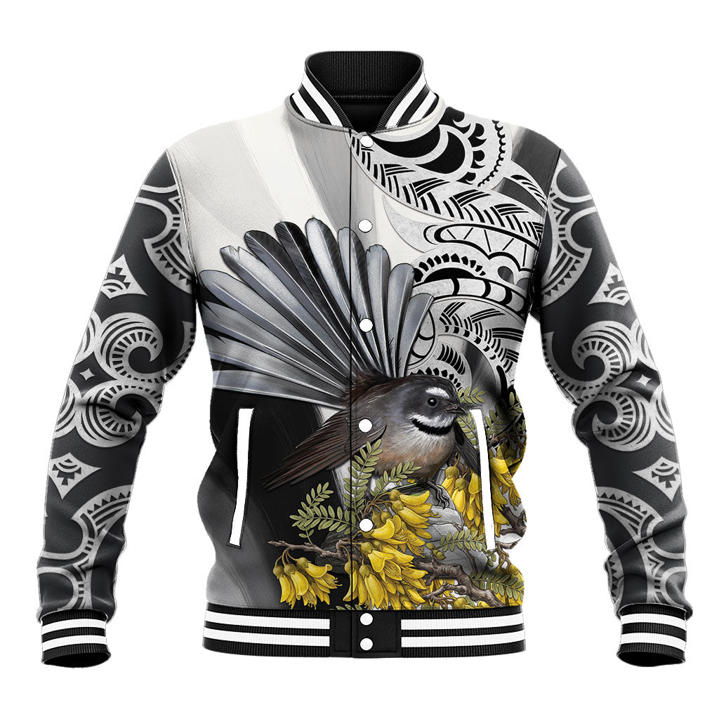 New Zealand Fantail Bird Baseball Jacket Maori Piwakawaka Kowhai Maori Pattern LT22 Unisex Grey - Polynesian Pride