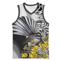 New Zealand Fantail Bird Basketball Jersey Maori Piwakawaka Kowhai Maori Pattern