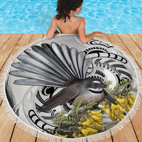New Zealand Fantail Bird Beach Blanket Maori Piwakawaka Kowhai Maori Pattern