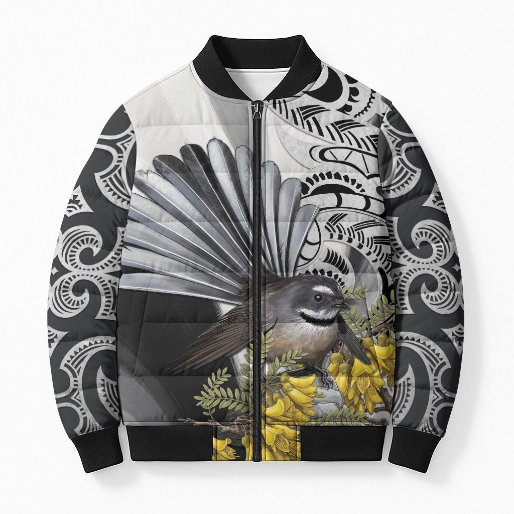 New Zealand Fantail Bird Bomber Puffer Jacket Maori Piwakawaka Kowhai Maori Pattern LT22 Unisex Grey - Polynesian Pride