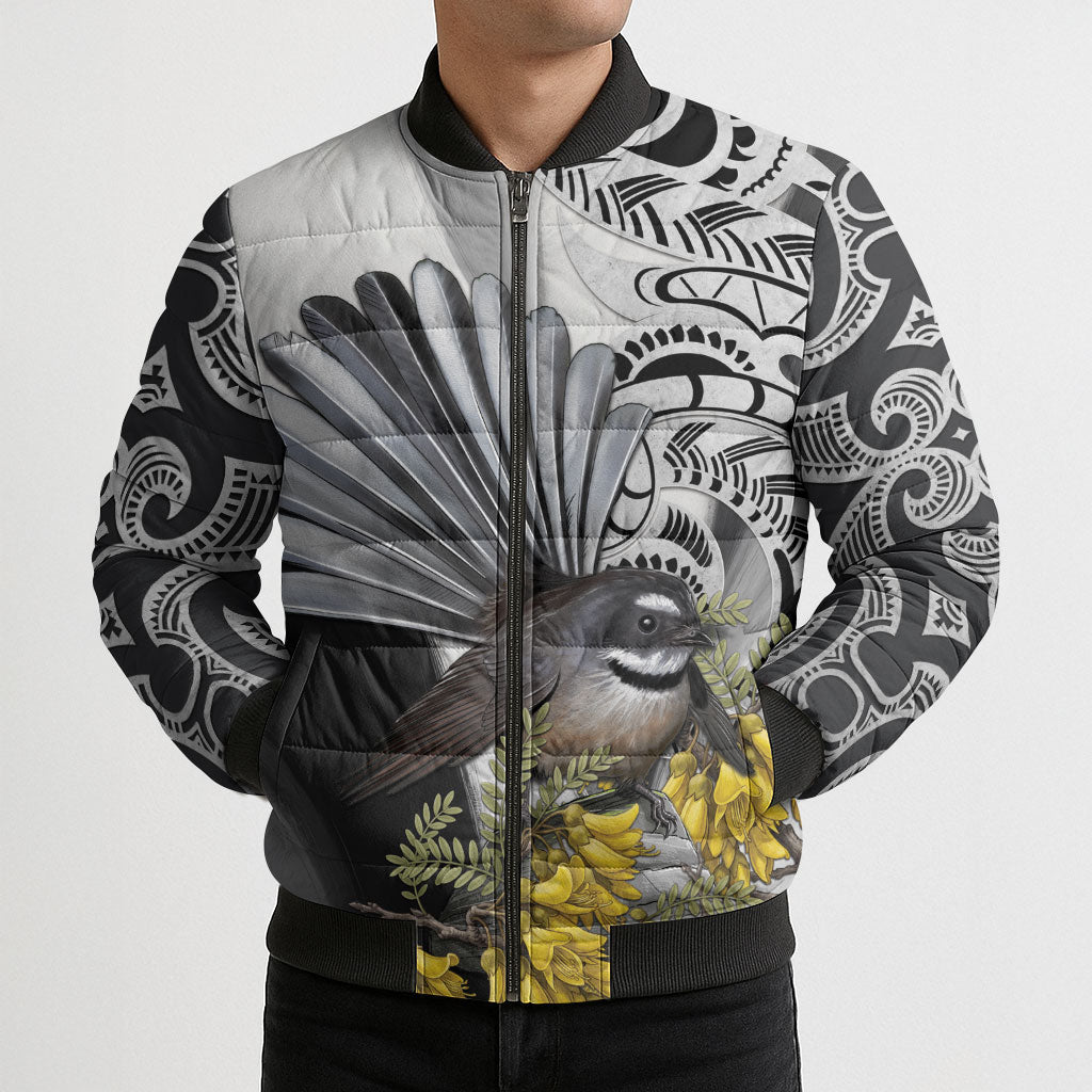 New Zealand Fantail Bird Bomber Puffer Jacket Maori Piwakawaka Kowhai Maori Pattern