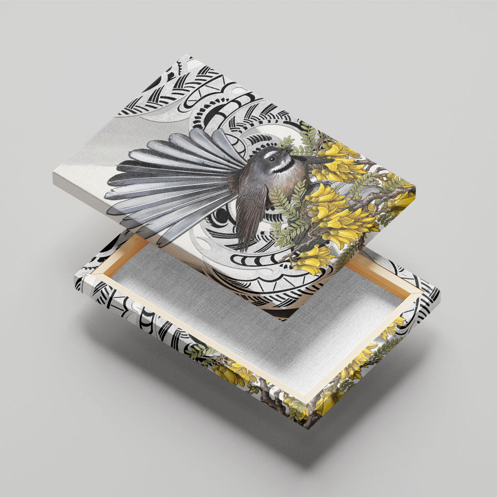 New Zealand Fantail Bird Canvas Wall Art Maori Piwakawaka Kowhai Maori Pattern