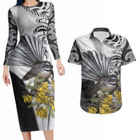 New Zealand Fantail Bird Couples Matching Long Sleeve Bodycon Dress and Hawaiian Shirt Maori Piwakawaka Kowhai Maori Pattern