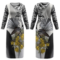 New Zealand Fantail Bird Couples Matching Long Sleeve Bodycon Dress and Hawaiian Shirt Maori Piwakawaka Kowhai Maori Pattern