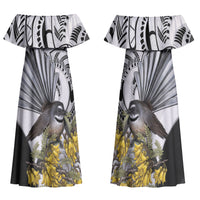 New Zealand Fantail Bird Couples Matching Off Shoulder Maxi Dress and Long Sleeve Button Shirt Maori Piwakawaka Kowhai Maori Pattern