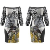 New Zealand Fantail Bird Couples Matching Off The Shoulder Long Sleeve Dress and Hawaiian Shirt Maori Piwakawaka Kowhai Maori Pattern