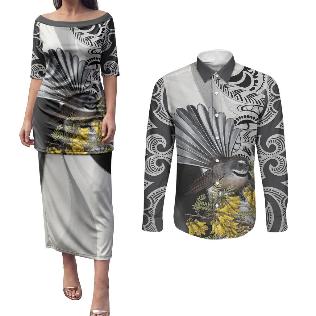 New Zealand Fantail Bird Couples Matching Puletasi and Long Sleeve Button Shirt Maori Piwakawaka Kowhai Maori Pattern