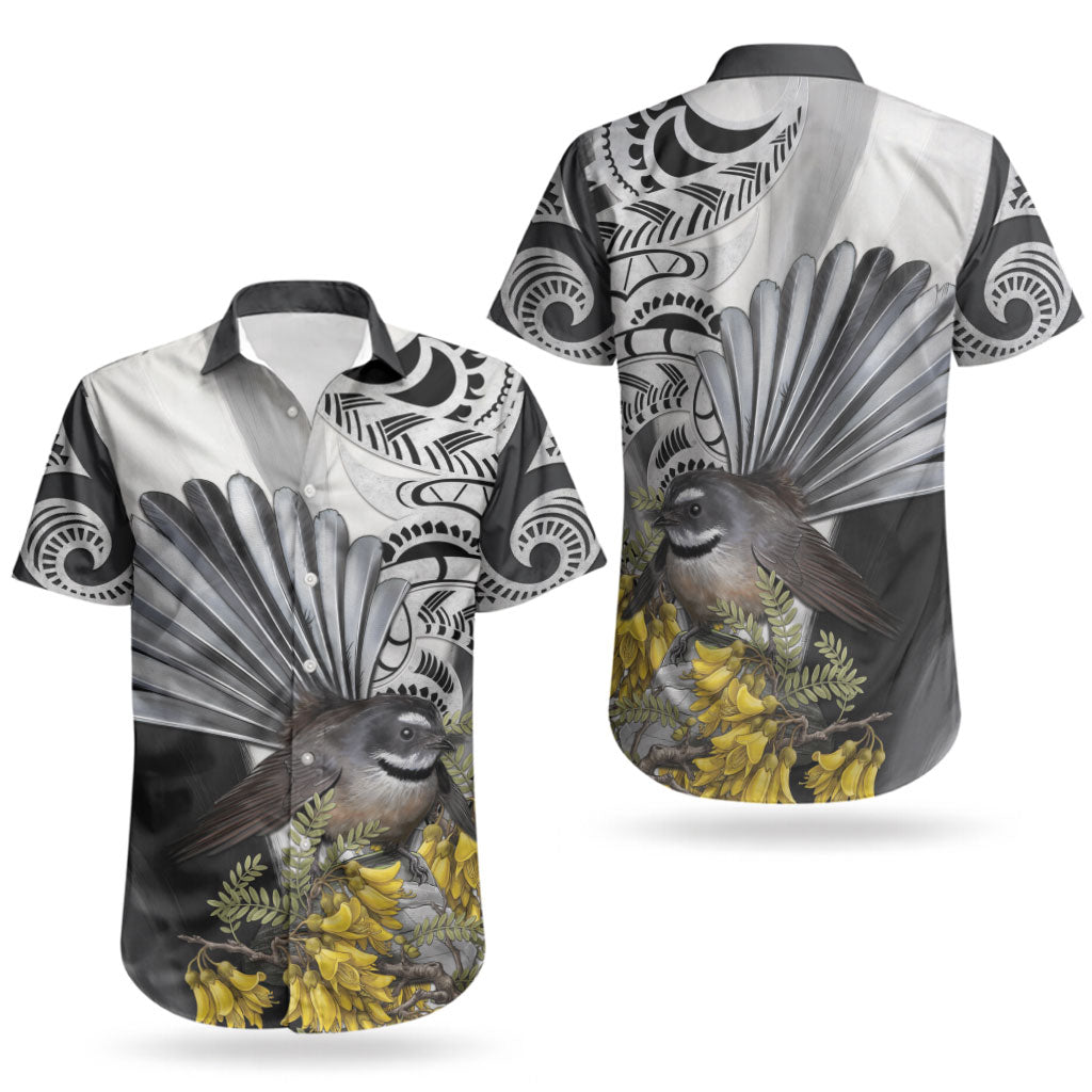 New Zealand Fantail Bird Couples Matching Short Sleeve Bodycon Dress and Hawaiian Shirt Maori Piwakawaka Kowhai Maori Pattern