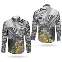 New Zealand Fantail Bird Couples Matching Summer Maxi Dress and Long Sleeve Button Shirt Maori Piwakawaka Kowhai Maori Pattern