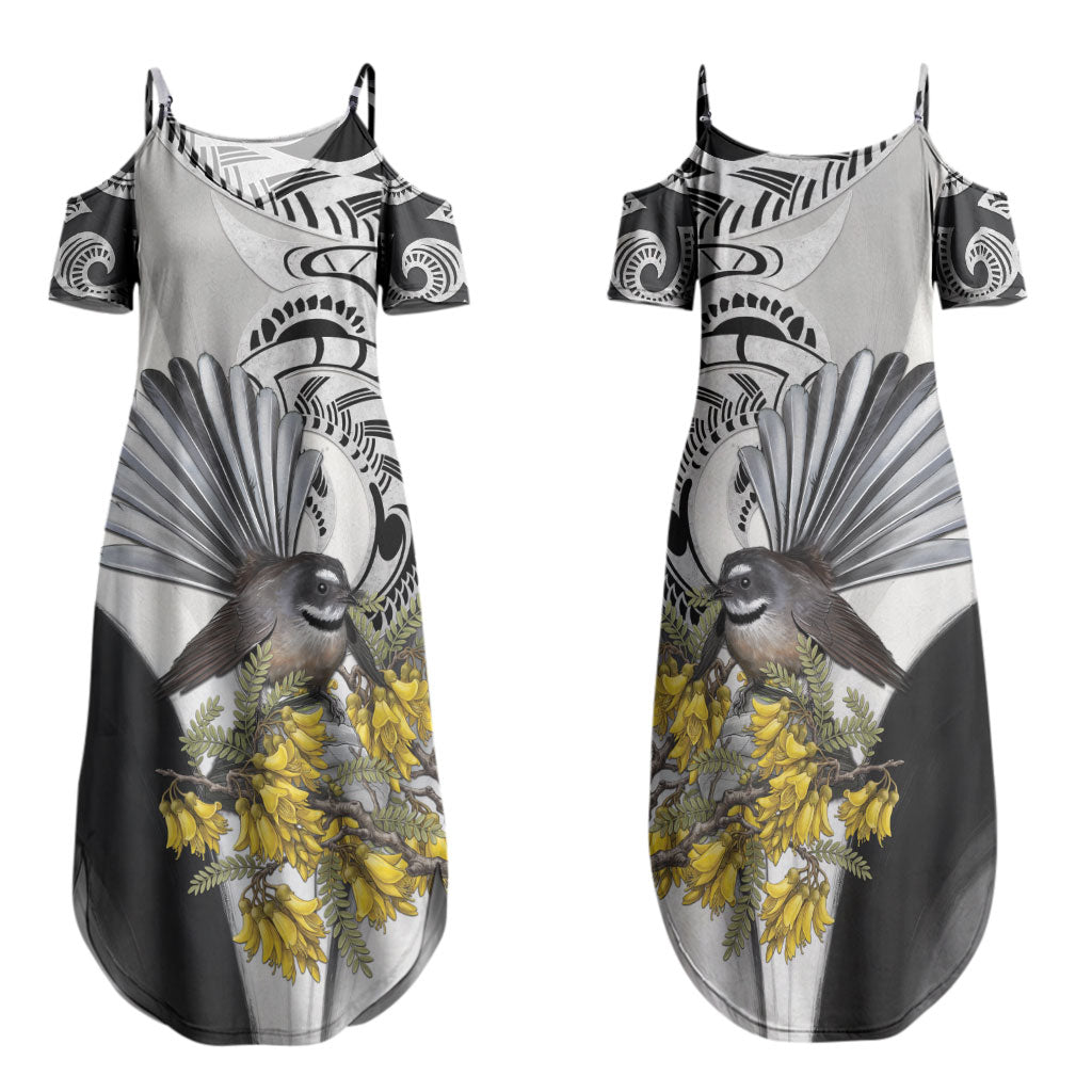 New Zealand Fantail Bird Couples Matching Summer Maxi Dress and Long Sleeve Button Shirt Maori Piwakawaka Kowhai Maori Pattern
