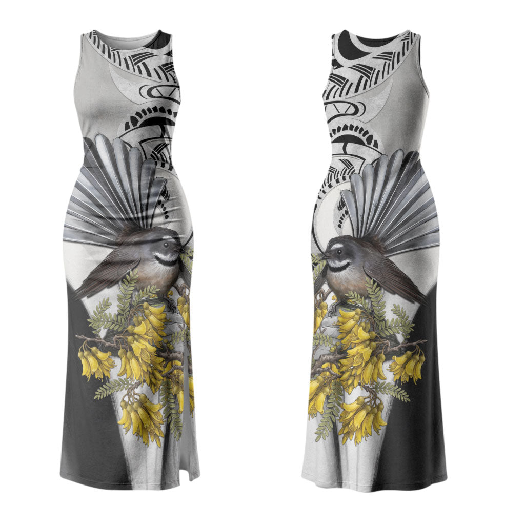 New Zealand Fantail Bird Couples Matching Tank Maxi Dress and Long Sleeve Button Shirt Maori Piwakawaka Kowhai Maori Pattern