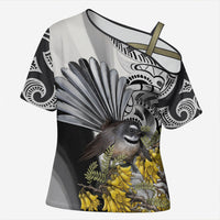 New Zealand Fantail Bird Cross Shoulder Shirt Maori Piwakawaka Kowhai Maori Pattern