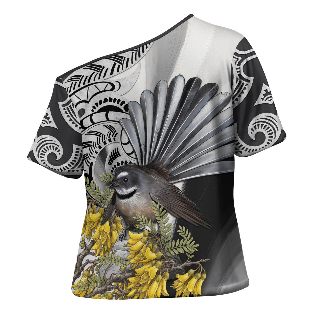 New Zealand Fantail Bird Cross Shoulder Shirt Maori Piwakawaka Kowhai Maori Pattern